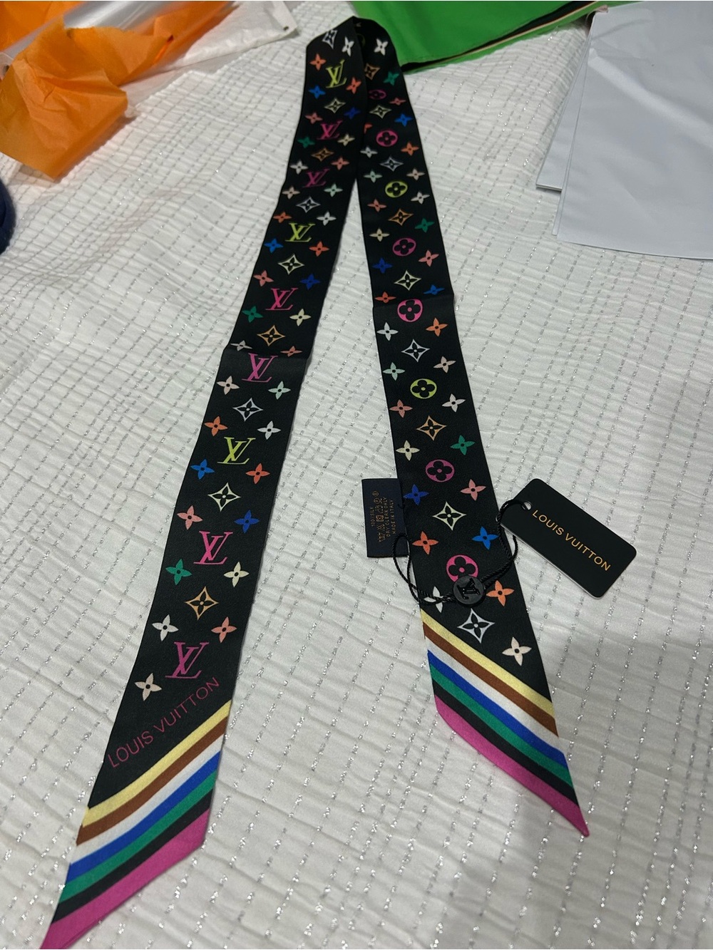 Louis Vuitton Black Twilly Scarf with Multicolor Monogram & Rainbow Stripes